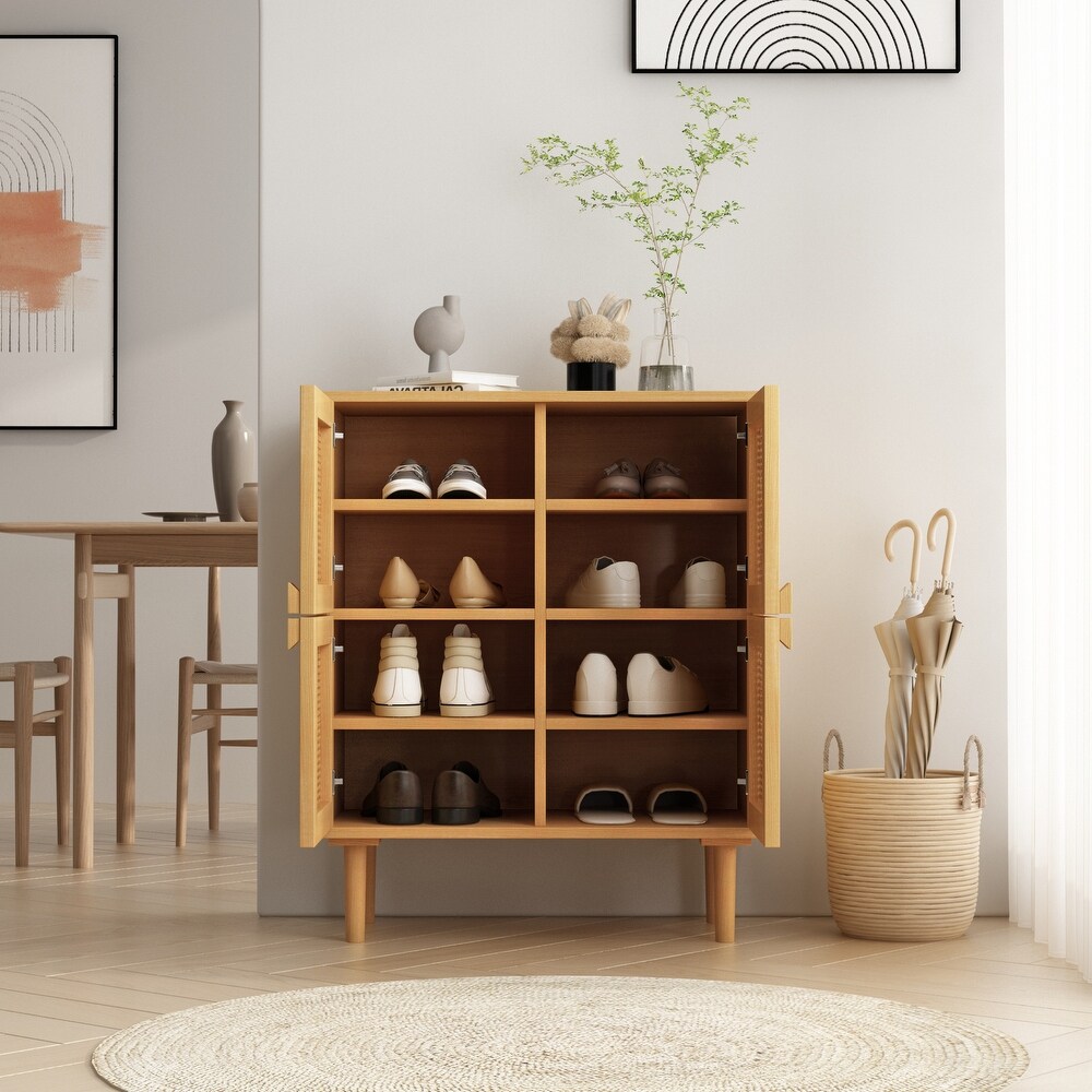 4 Doors Rattan Mesh Storage Cabinet  Shoe Cabinet with Eight Storage Spaces  for Entryway  Living Room  Hallway