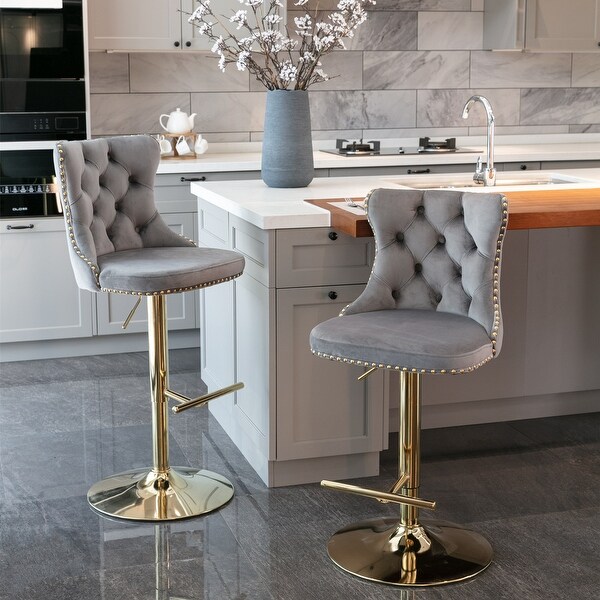 Set of 2 Golden Swivel Velvet Barstools with Backs Comfortable Tufted