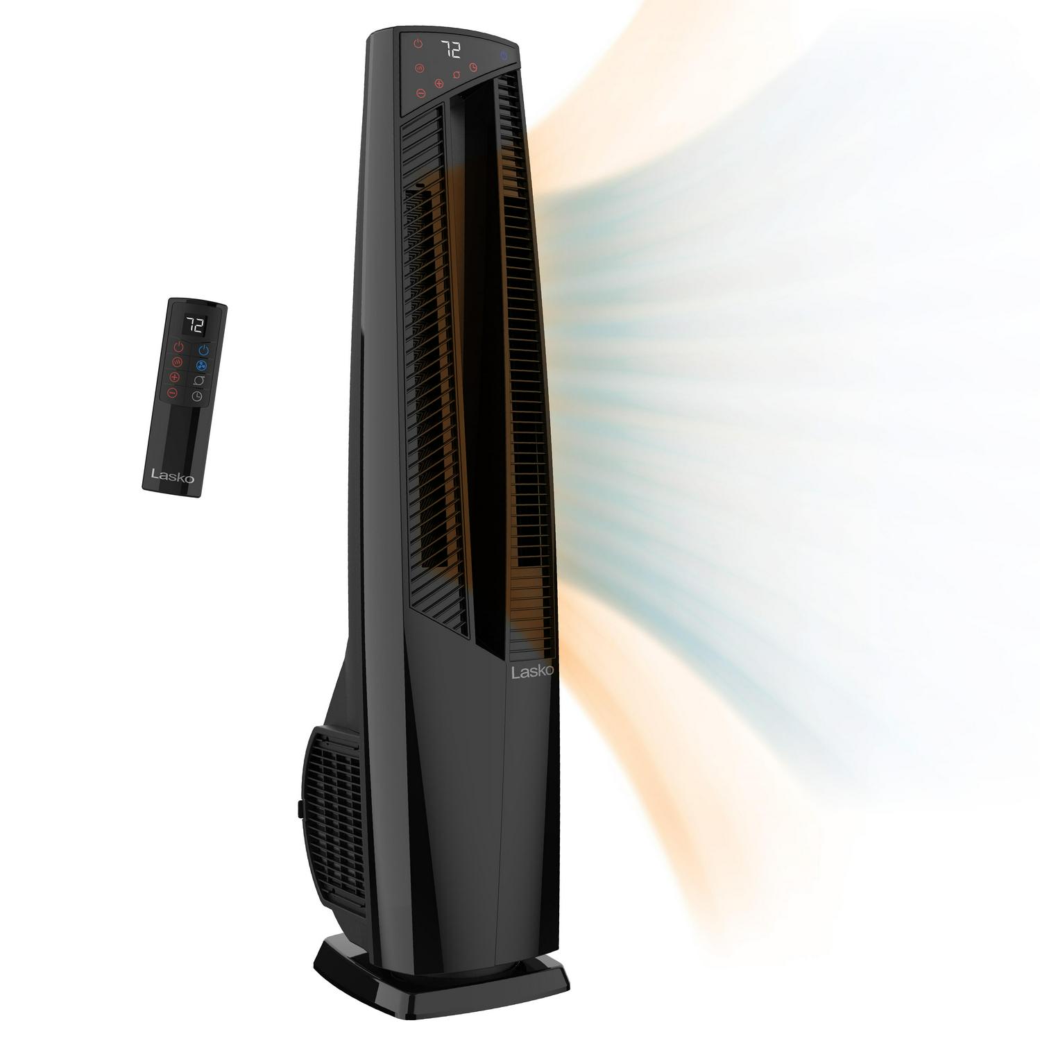 Lasko 1500W Oscillating All Season Electric Tower Fan and Space Heater with Remote， FHV801， Black