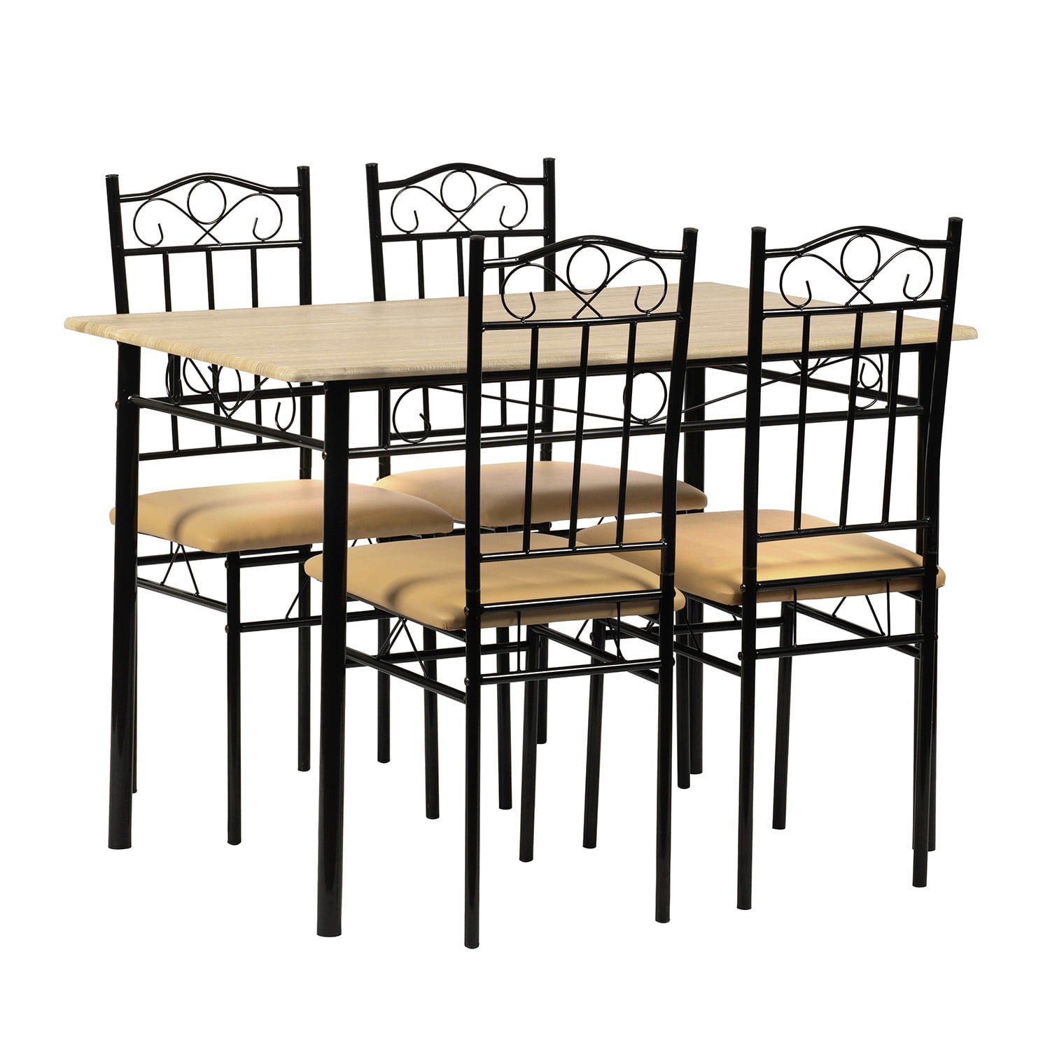 5 Piece Dining Table Set, Wood & Metal Dining Set for 4, Modern Kitchen Table and 2 PU Cushion Chairs Sets, Beech