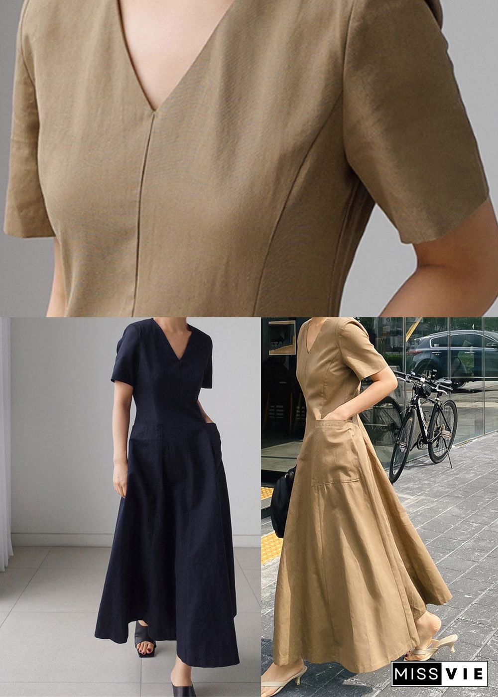 Slim Fit Khaki V Neck Pockets Cotton Long Dress Short Sleeve