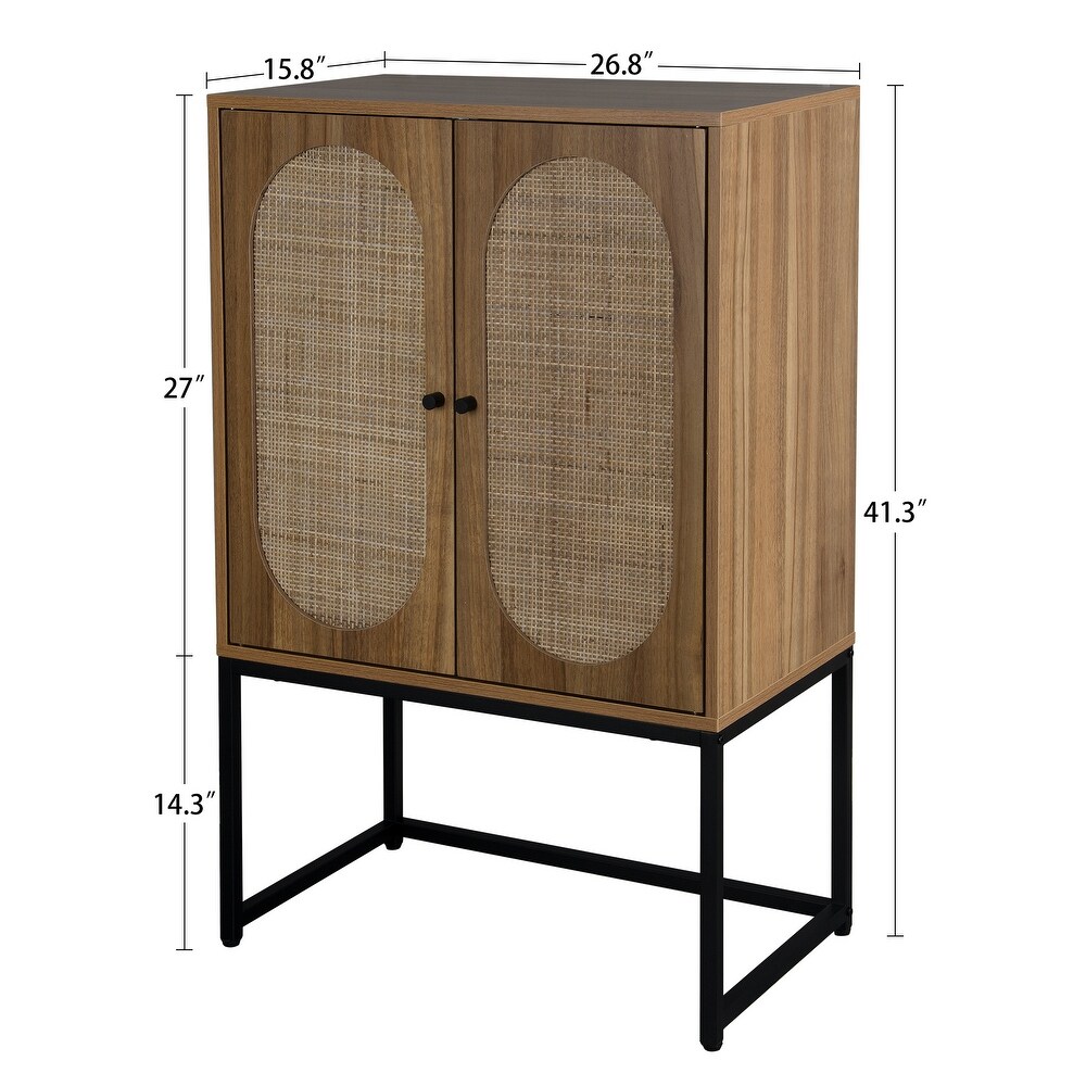 Natural Rattan 2 Door high cabinet，Built in adjustable shelf，Easy Assembly，Free Standing Cabinet for Living Room Bedroom