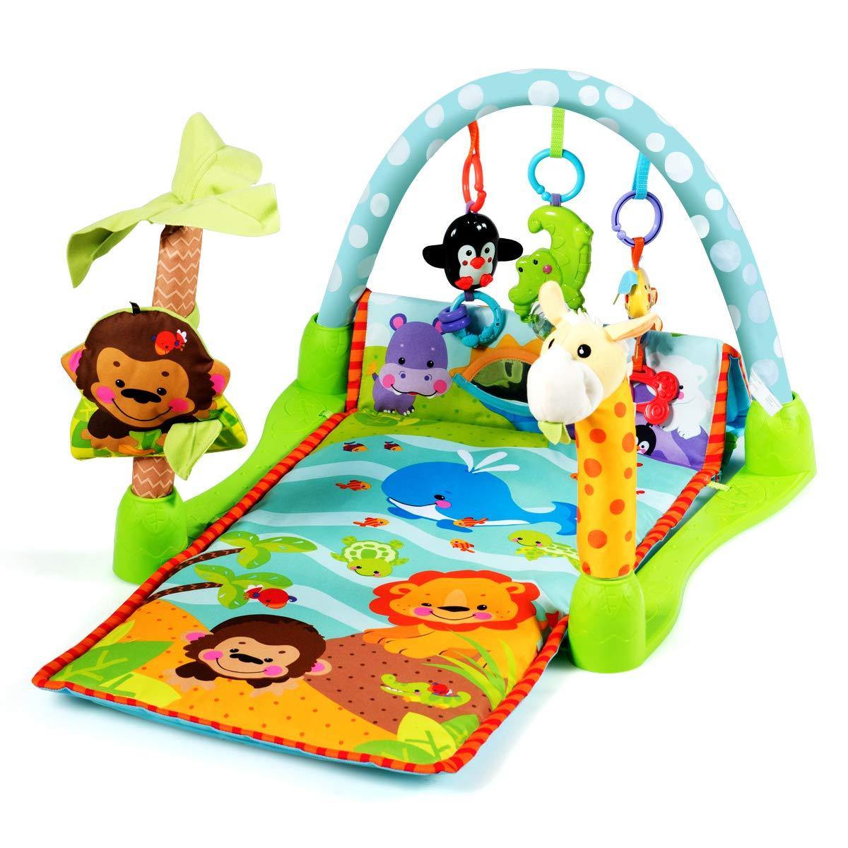 BABY JOY 4-in-1 Baby Play Gym Mat, Underwater World Baby Explore Crawling Tunnel with Steady Frame and 3 Hanging Toys