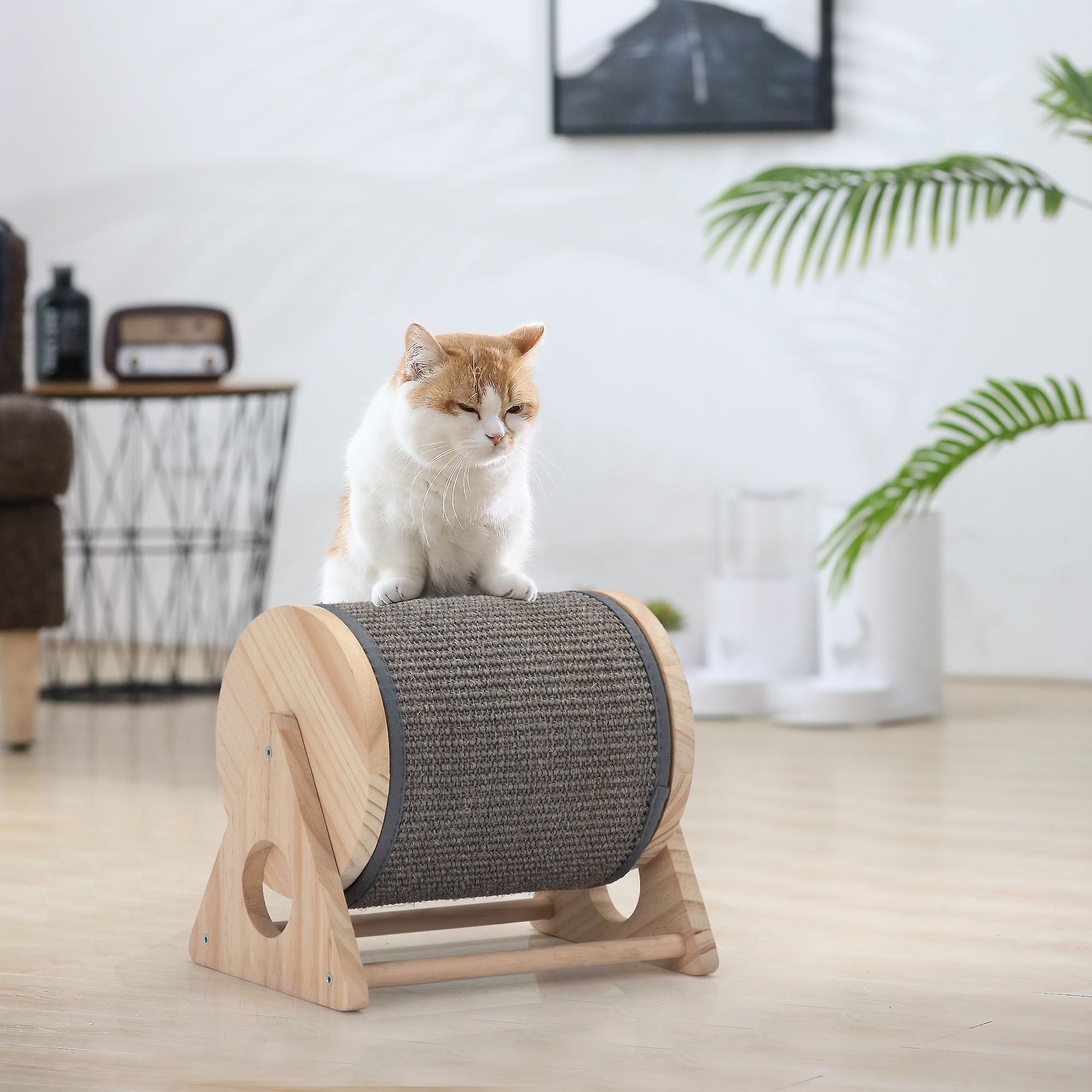 Wooden Cat Scratching Post， 360-degree Rotating Cat Scratcher Toy With Bells For Indoor Cats And Kittens， Natural