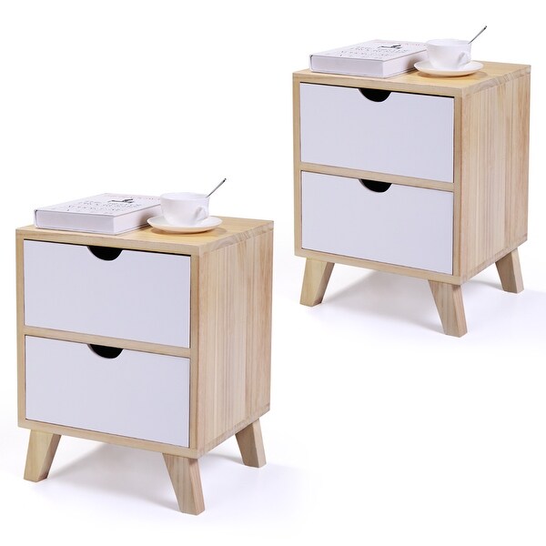 Set of 2 Wooden Nightstand with Two Drawers， End Table with Tall Legs