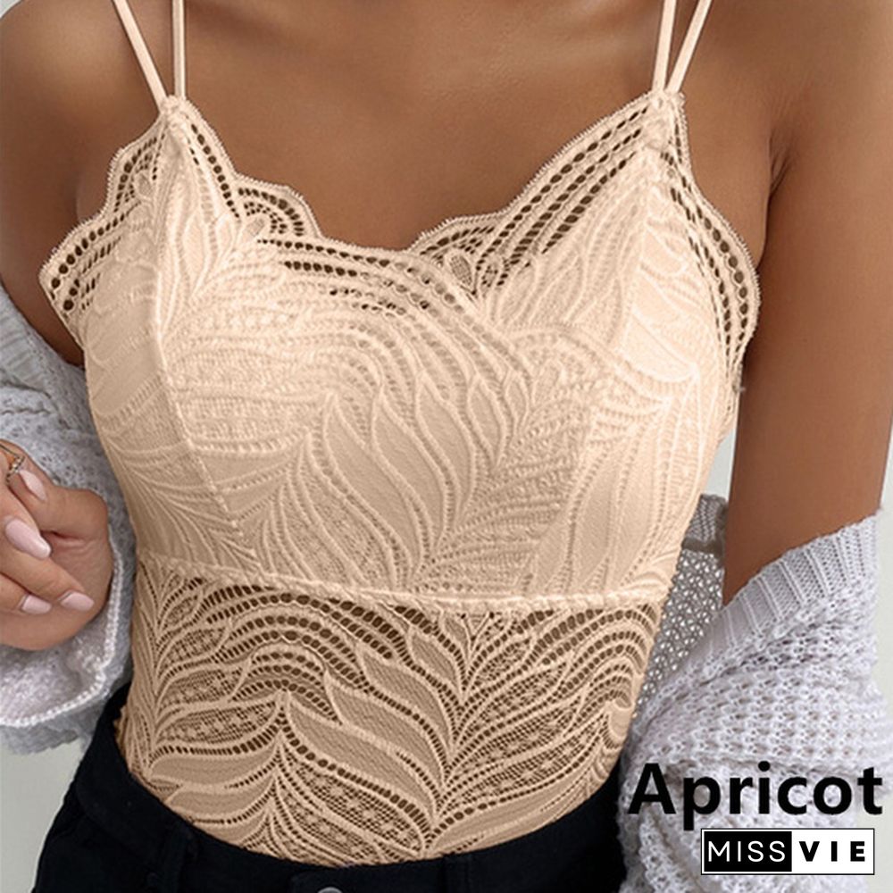 New Arrival Summer Fashion Women's Sexy V-Neck Spaghetti Strips Sleeveless Lace Vest Tops Solid Color Slim Fit Tank Top Plus Size