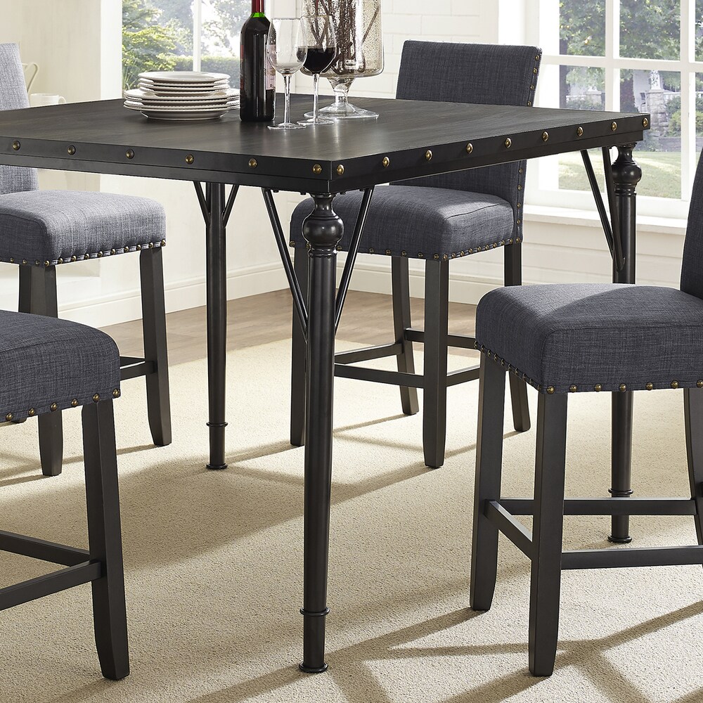 Roundhill Furniture Biony 5 Piece Espresso Wood Counter Height Dining Set with Fabric Nail head Chairs