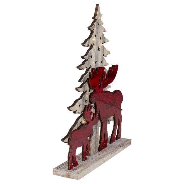 Lighted Red Moose And Christmas Tree Wooden Led Battery Operated Decoration