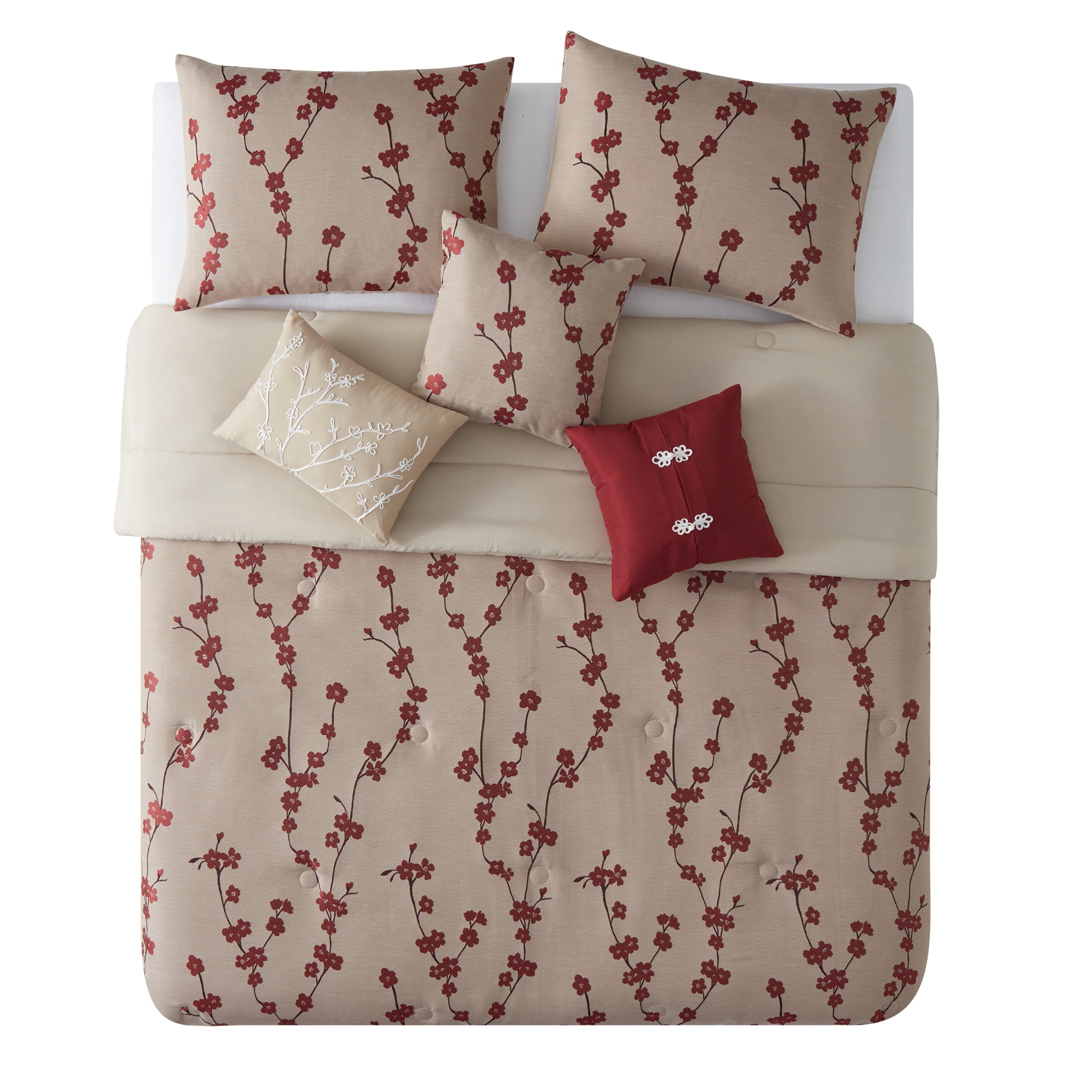 Mainstays Aaroon 7-Piece Red Floral Polyester Comforter Set， Full/Queen