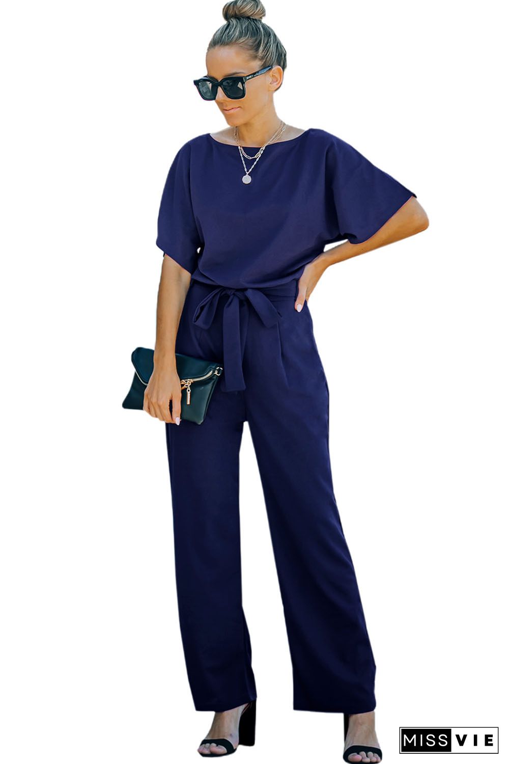 Blue Belted Wide Leg Jumpsuit