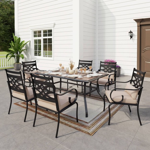 7pc Outdoor Dining Set With Chairs With Thick Seat amp Back Cushions amp Faux Wood Tabletop With Umbrella Hole Captiva Designs