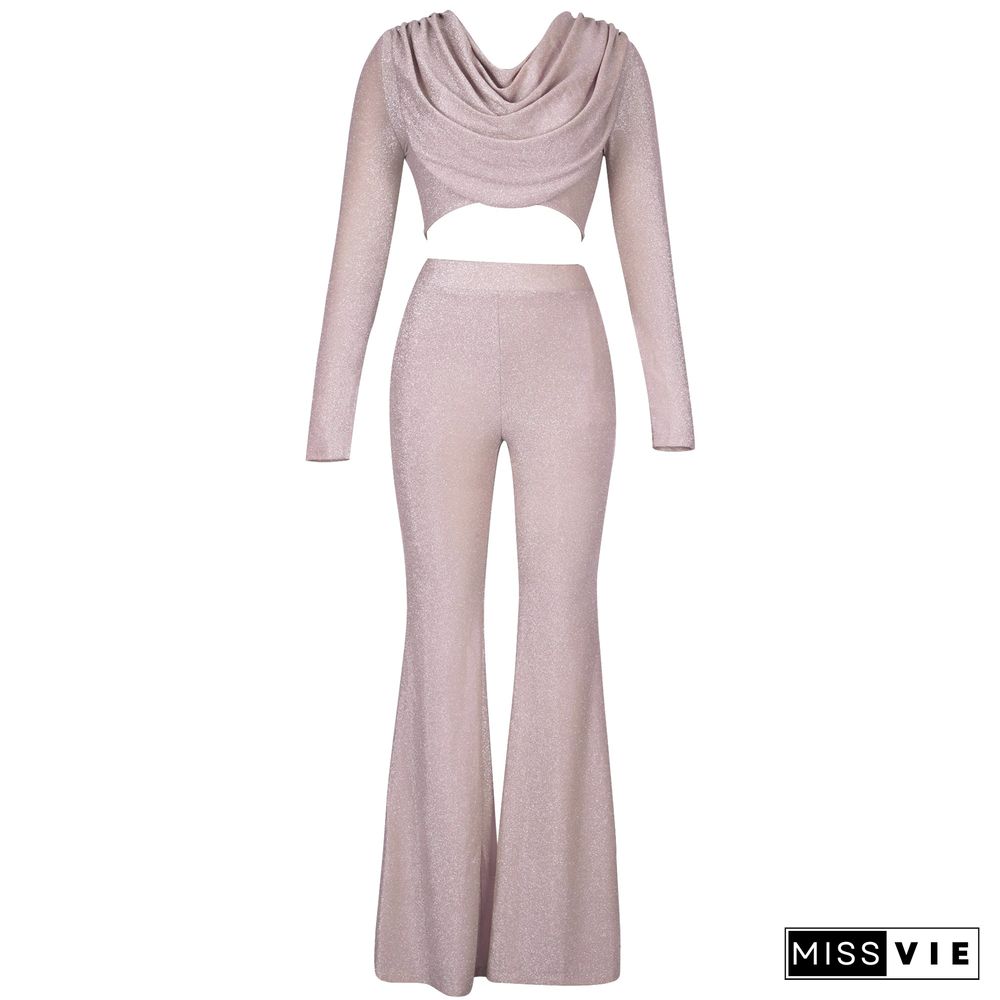 Glitter Draping Long Sleeve Top And Pants Two Piece Set New Arrival Pink 2 Piece Set  Women Autumn Sexy Club Party Outfits