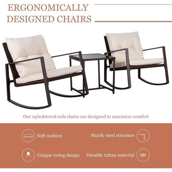 SUNCROWN 3Piece Outdoor Patio Brown Wicker Rocking Chairs Bistro Set