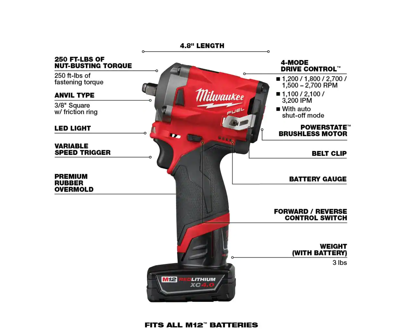 Milwaukee 2554-22-49-66-7021 M12 FUEL 12V Brushless Cordless Stubby 3/8 in. Impact Wrench Kit with3/8 in. Metric Deep Impact Socket Set (8-Piece)