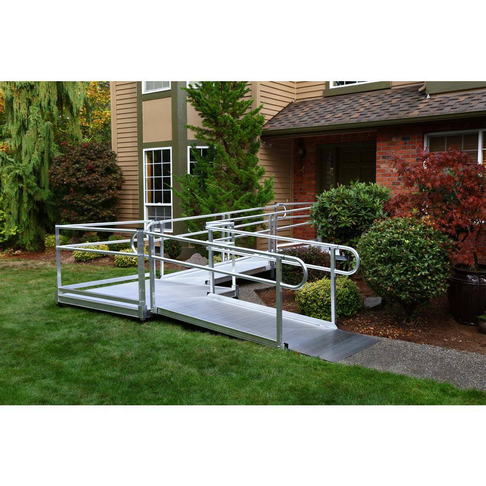 EZ-ACCESS PATHWAY 20 ft. L-Shaped Aluminum Wheelchair Ramp Kit with Solid Surface Tread 2-Line Handrails and 5 ft. Turn Platform PS20L55T