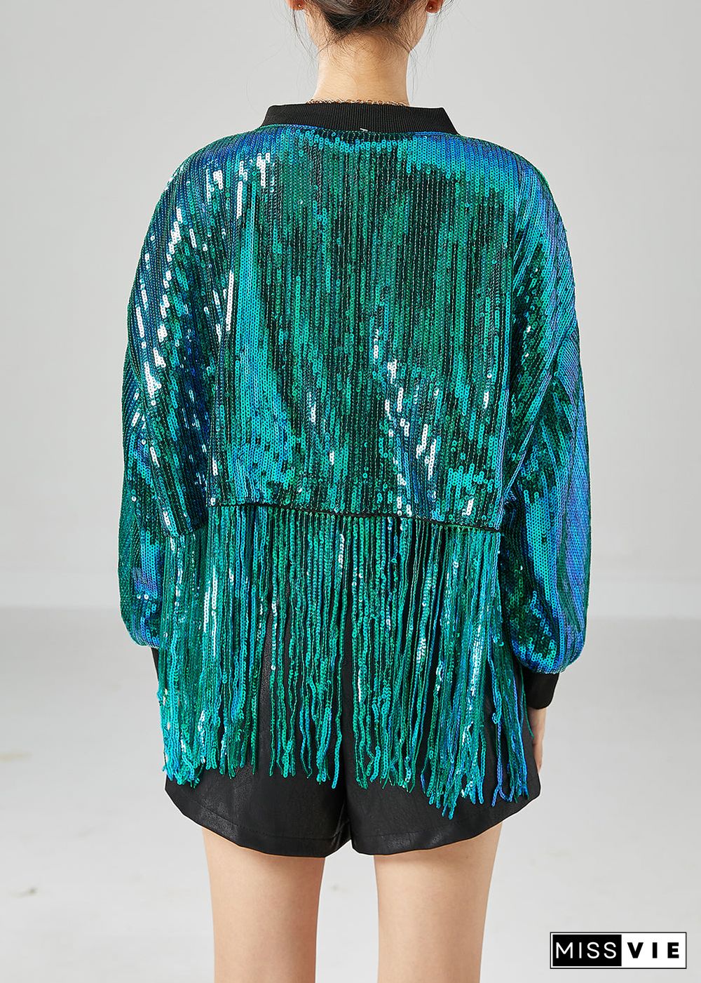 Casual Peacock Green Tasseled Sequins Jackets Summer