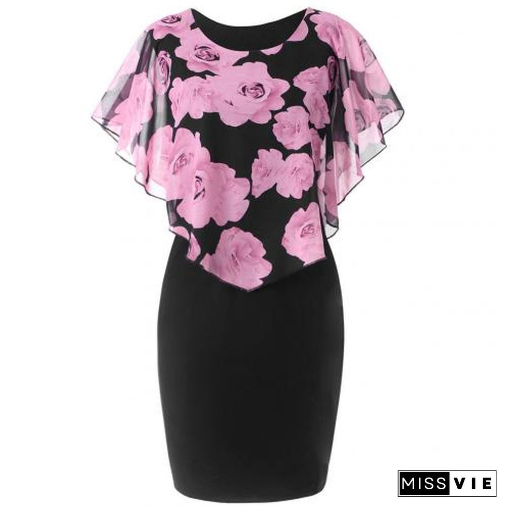 Plus Size Womens Dress Elegant Office Lady Rose Flower Print Cape Bodycon Knee Length Dress