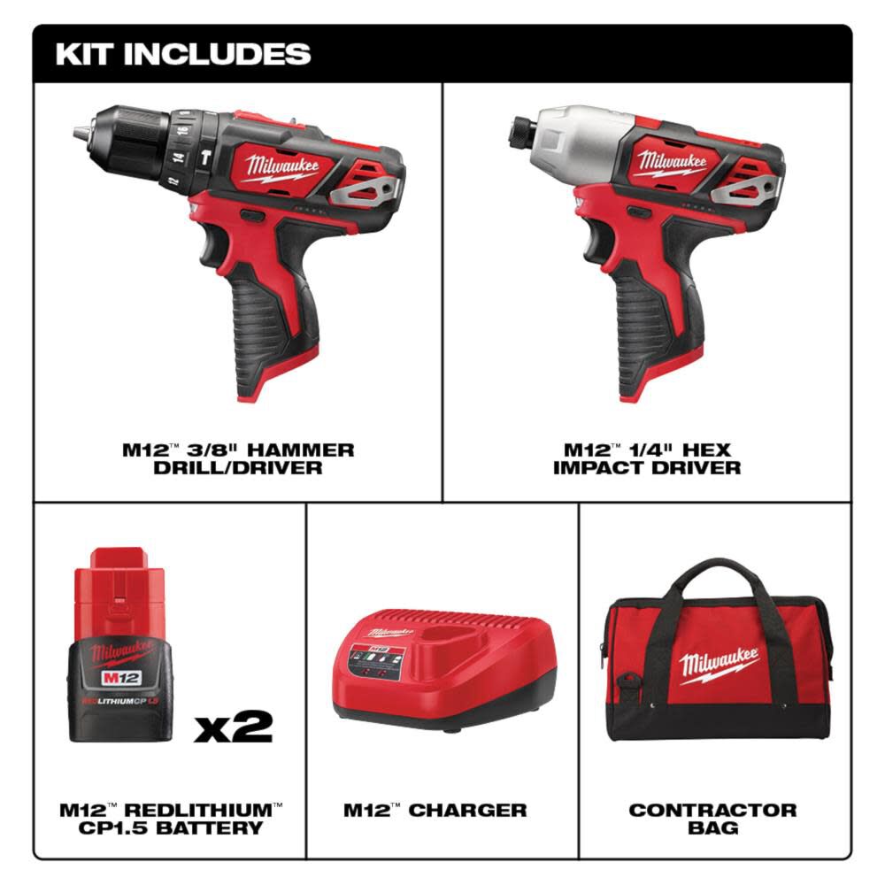 Milwaukee M12 12V Hammer Drill/Impact Driver Combo Kit 2 Tool 2497-22 from Milwaukee