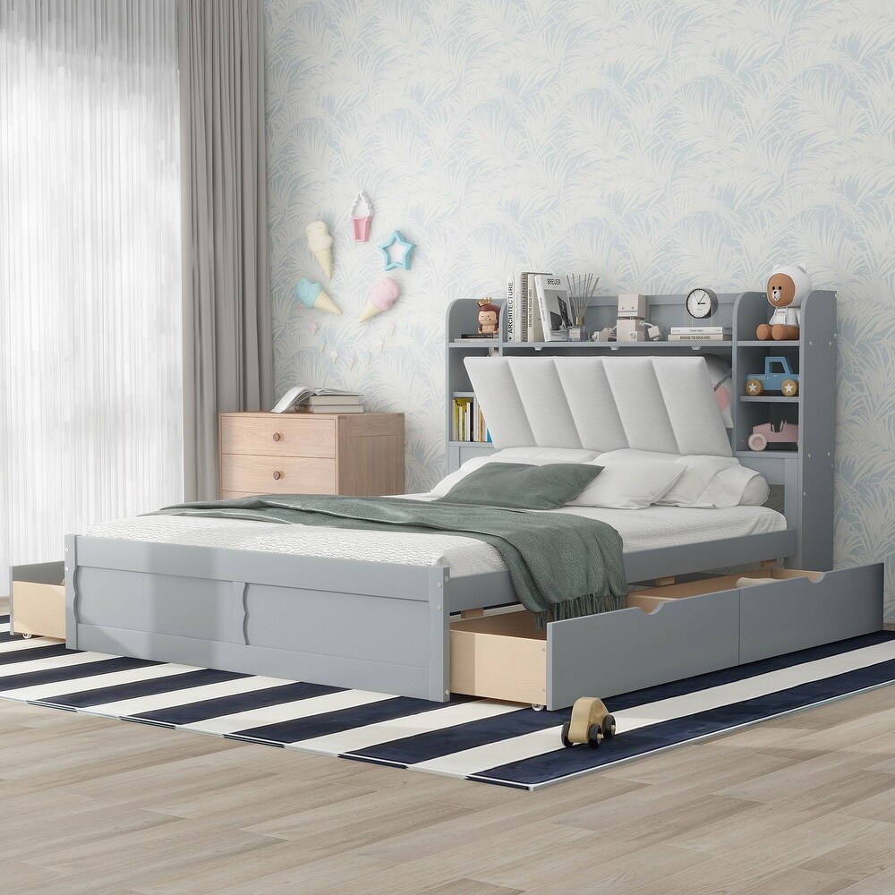 Queen Size Platform Bed w/ Storage Headboard   4 Drawers  Solid Wood Bedframe w/Shelves   Slat Support  No Box Spring Needed