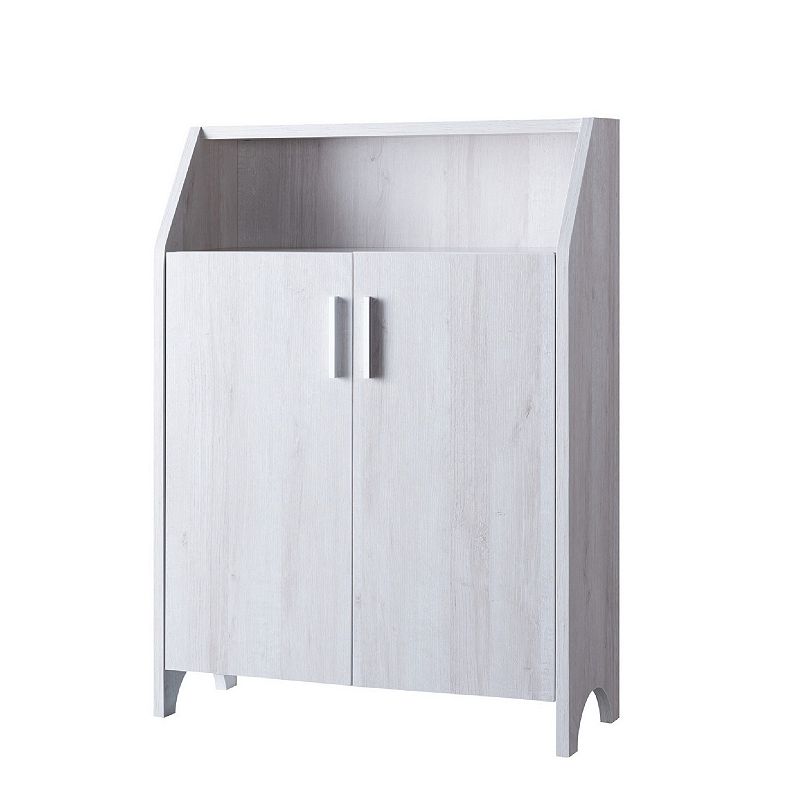 2 Door Wooden Shoe Cabinet with Top Shelf Storage， White