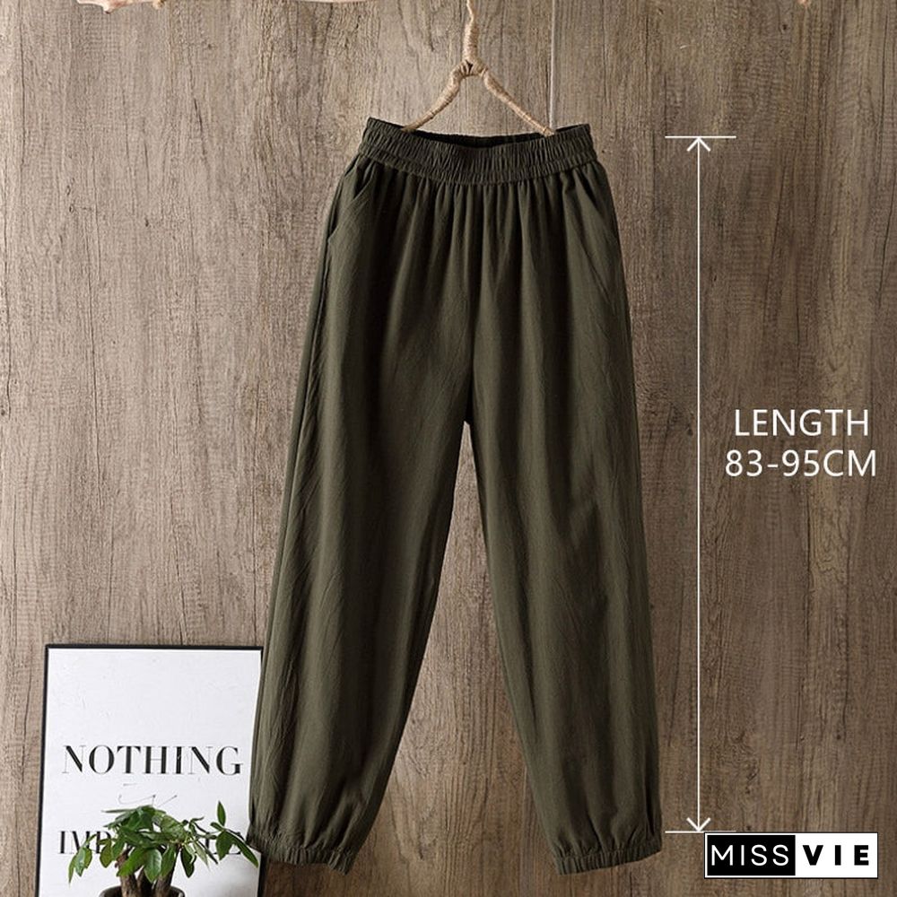 Casual Style Cotton Linen Pants Women Spring Summer New Elastic Waist Solid Basic Retro Loose Women'S Harem Pants Trousers