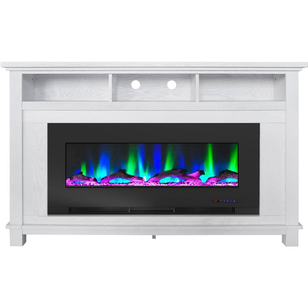 Hanover Winchester 57.8 in. Freestanding Electric Fireplace TV Stand in White and with Black Driftwood Log Display FS5735-2BWT