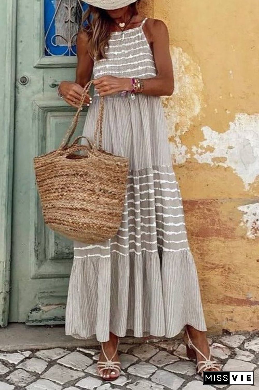 Stripe Patchwork Halter Neck Maxi Dress