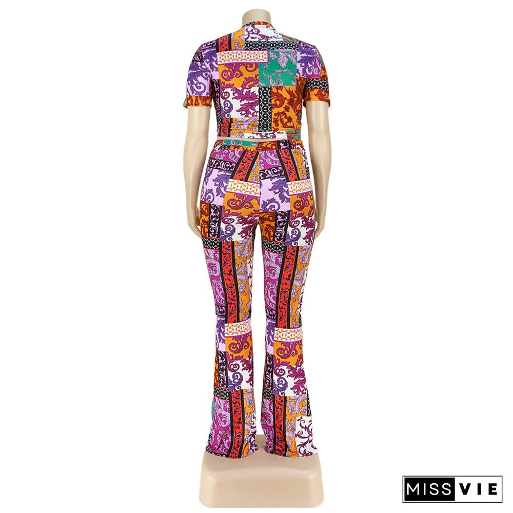 Plus Size Print Short Sleeve Crop Top Flared Pants Suit