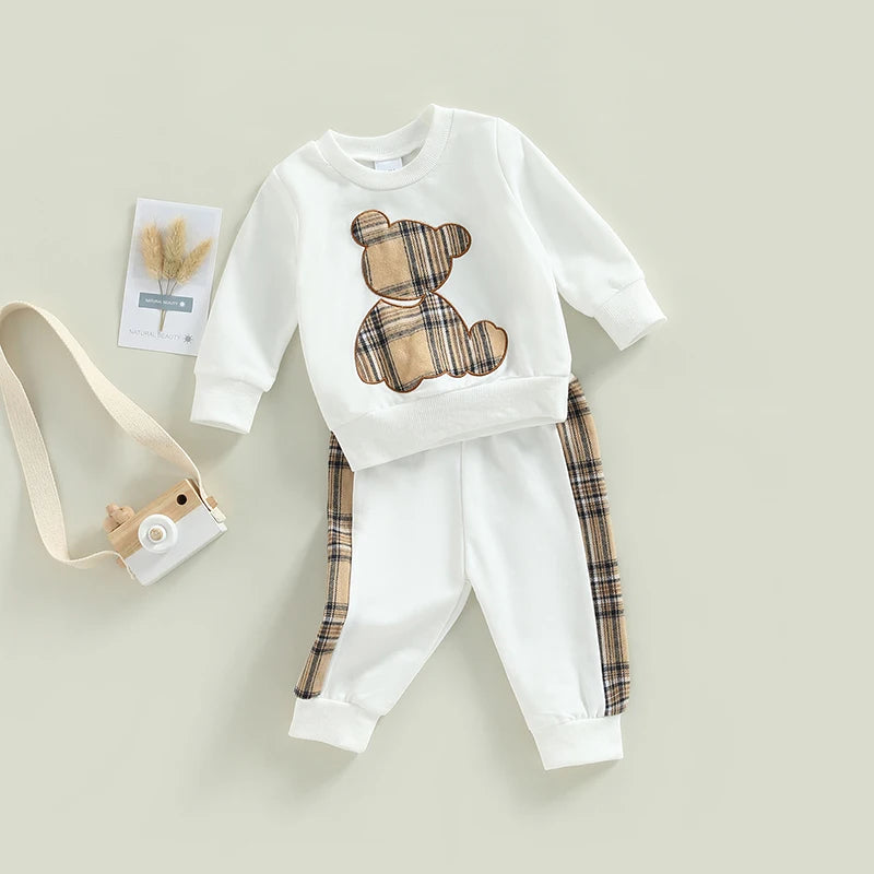 0-24M Baby Girls Autumn Clothes Newborn Toddler Long Sleeve Plaid Bear Pattern Tops Sweatshirt Pants Outfits Tracksuits