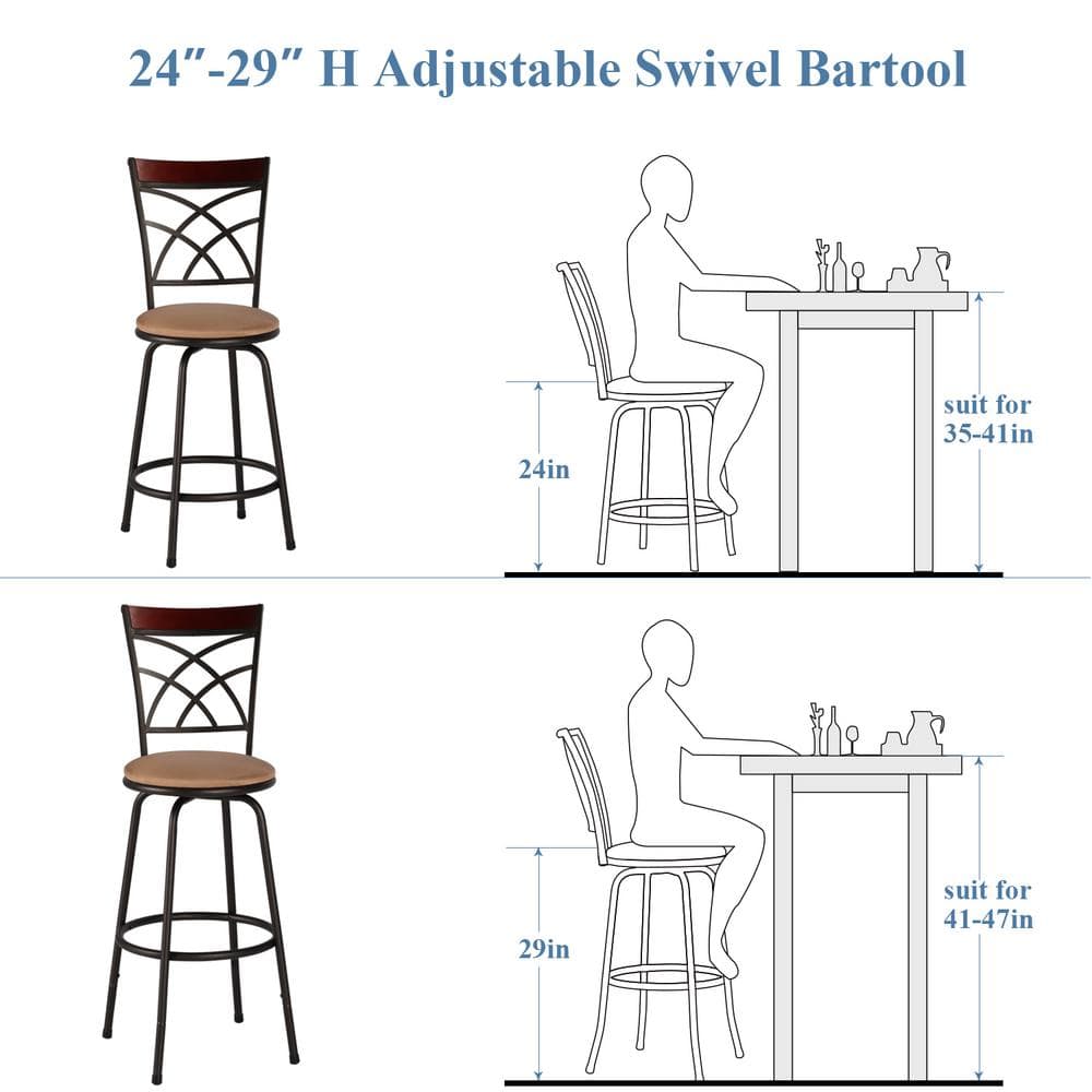 VECELO 45.5 in. Brown Cushioned Adjustable Height Swivel Bar Stool/Counter Stools Wood Top Rail Backrest (Set of 2)，Metal KHD-XJM-BS03-A2