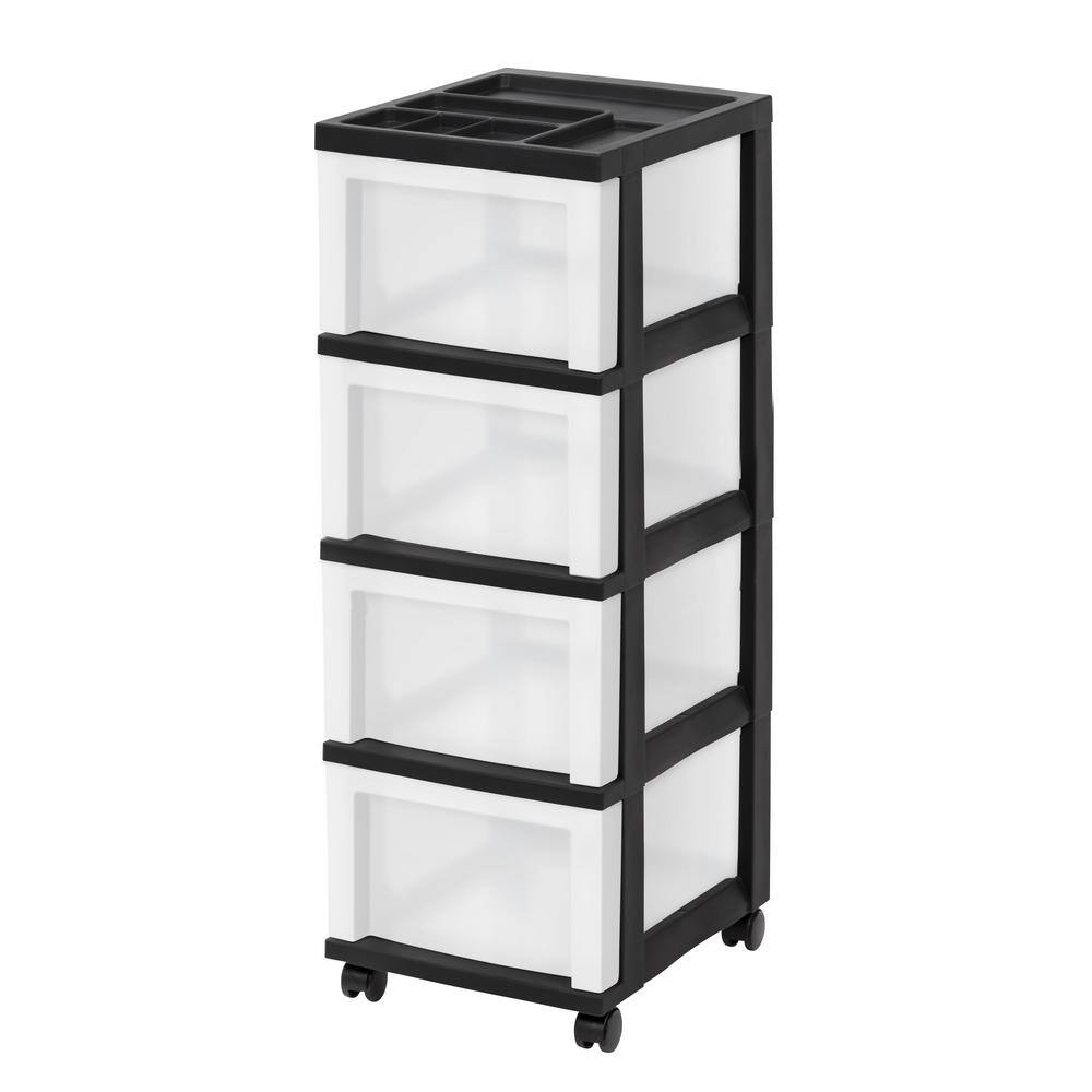 IRIS 14.25 in. L x 12.05 in. W x 33.56 in. H Medium 4-Drawer Cart with Organizer Top in Black and Pearl 585002