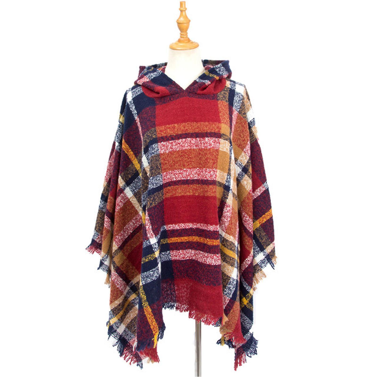 Womens Warm Long Shawl Wraps Large Scarves Knit Hooded Cloak Tassel Plaid Scarf