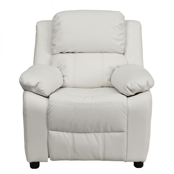 Charlie Deluxe Padded Contemporary White Vinyl Kids Recliner with Storage Arms