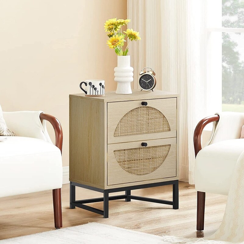 Modern Minimalism Nightstand  Bohemian Wood Bedside Table with Woven Rattan Drawers  Sofa Side Table  Rustic Farmhouse End Table