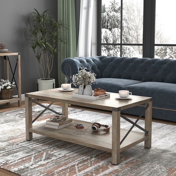 2-Tier Wooden Farmhouse Coffee Table with Metal X- Frame