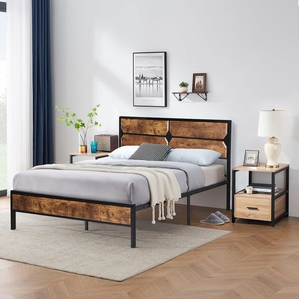 Taomika Industrial 3-pieces Bed with Wood Headboard and Square Nightstands Set - - 35162736