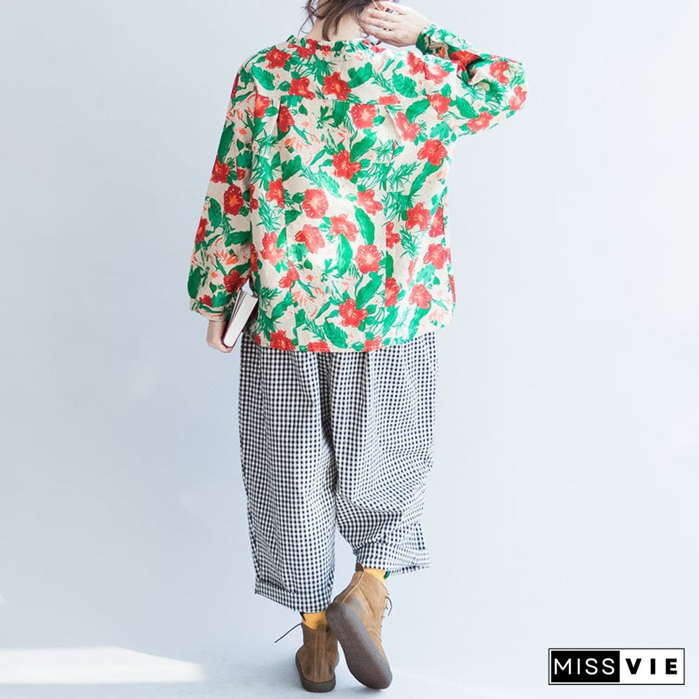 red green floral linen tops oversize vintage long sleeve t shirt