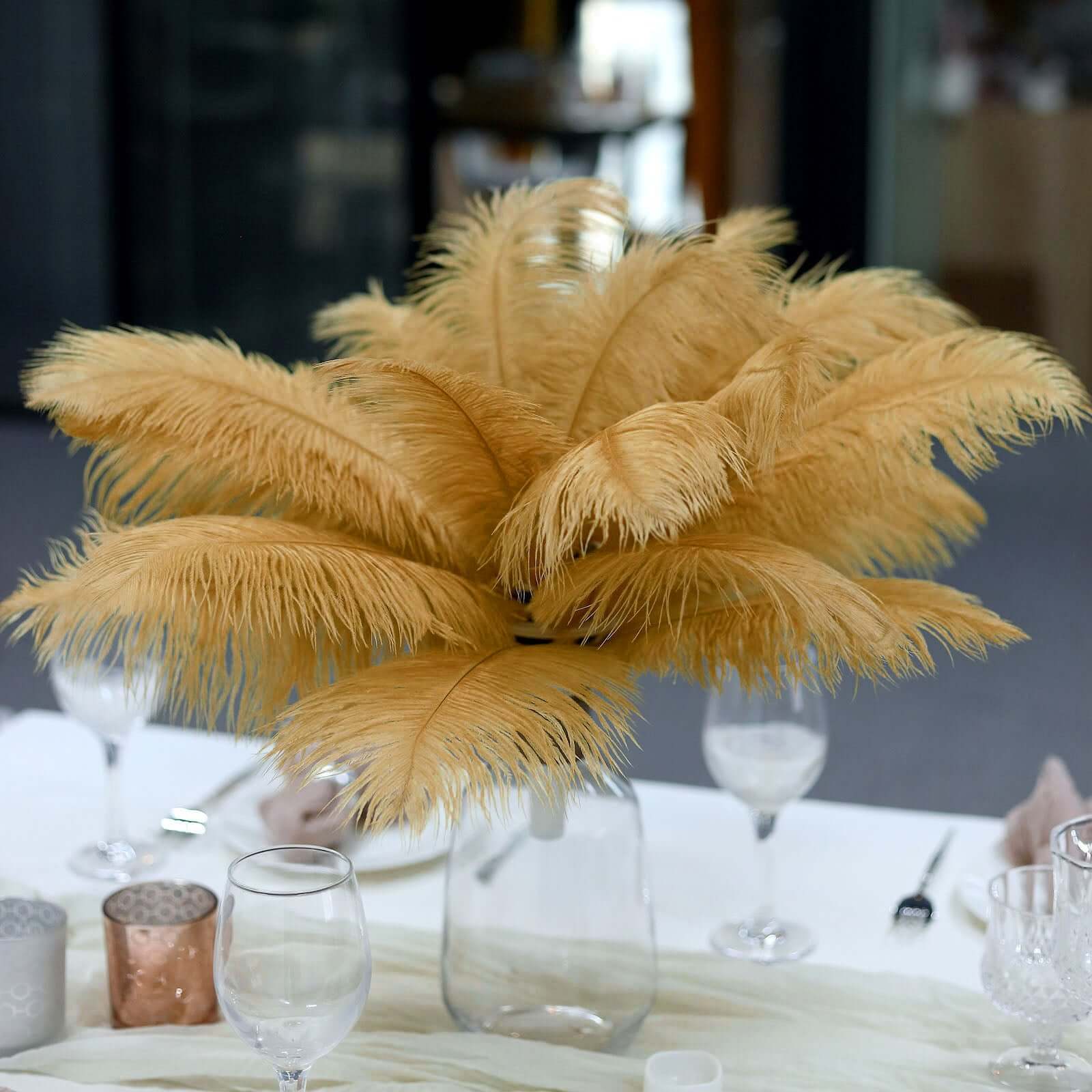 12 Pack Gold Natural Plume Real Ostrich Feathers, DIY Centerpiece Fillers 13