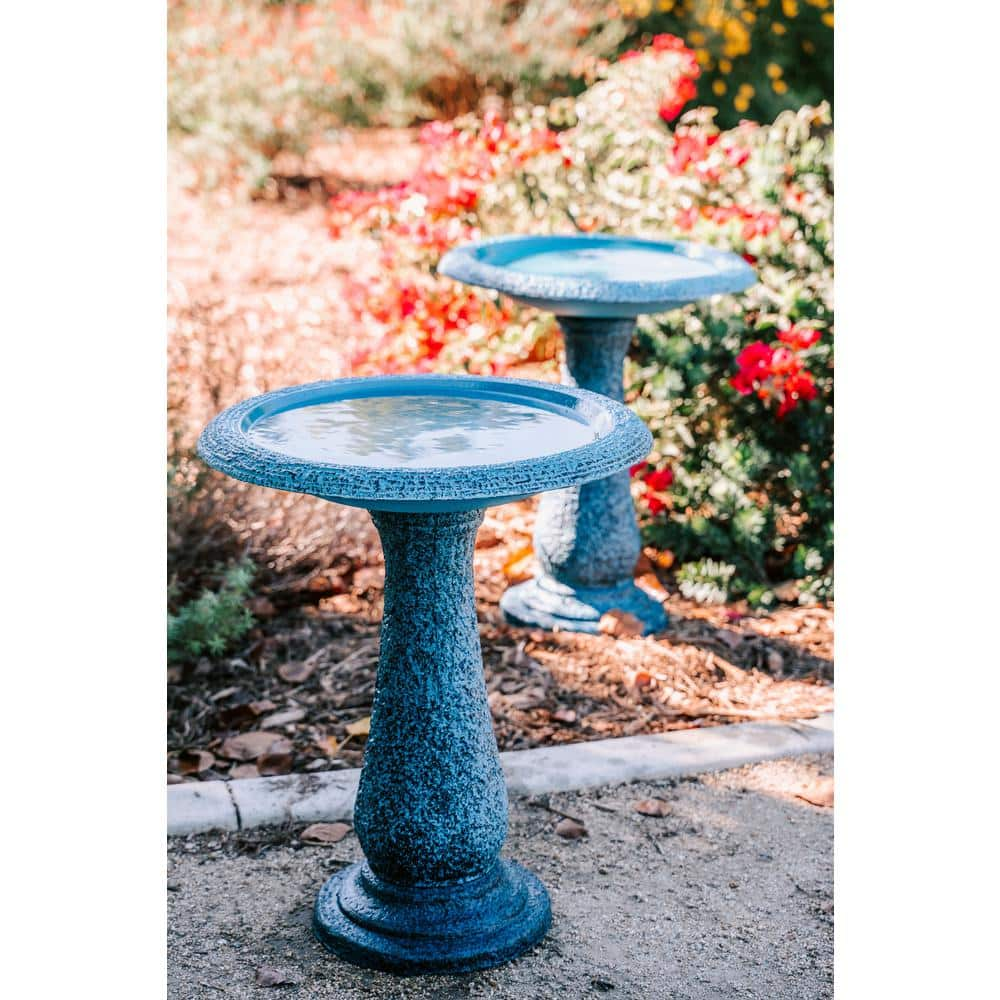 XBRAND 23.6 in. Tall Blue Fiber Stone Glazed Birdbaths with Tall Round Pedestal and Base (Set of 2) GE2420BBBL-2