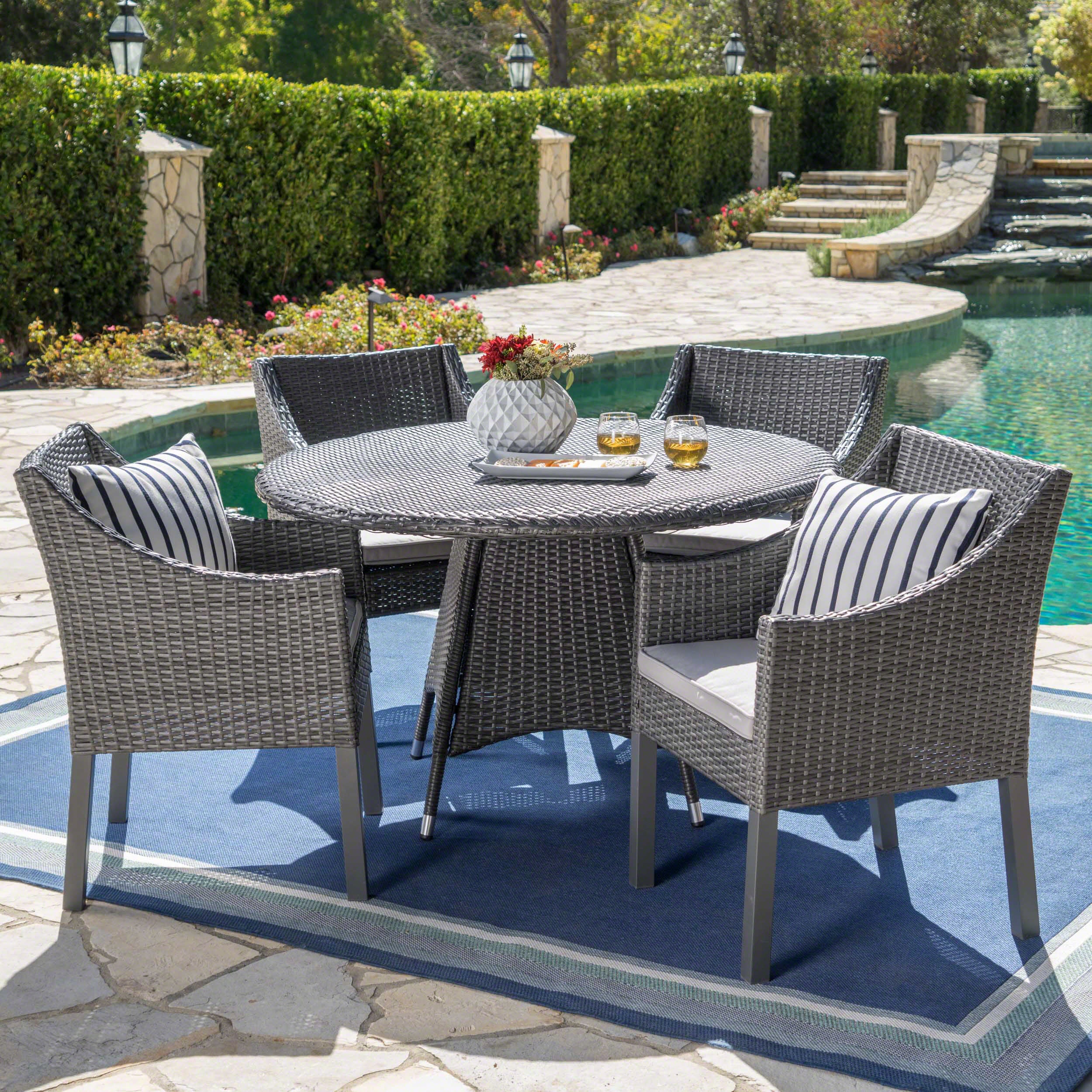 Frances Outdoor 5 Piece Wicker Dining Set with Water Resistant Cushions