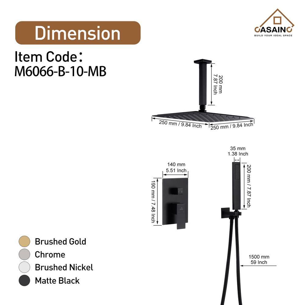 CASAINC 1-Spray Patterns with 10 in. Ceiling Mount Dual Shower Heads with Hand Shower Faucet in Black (Valve Included) M6066-B-10-MB