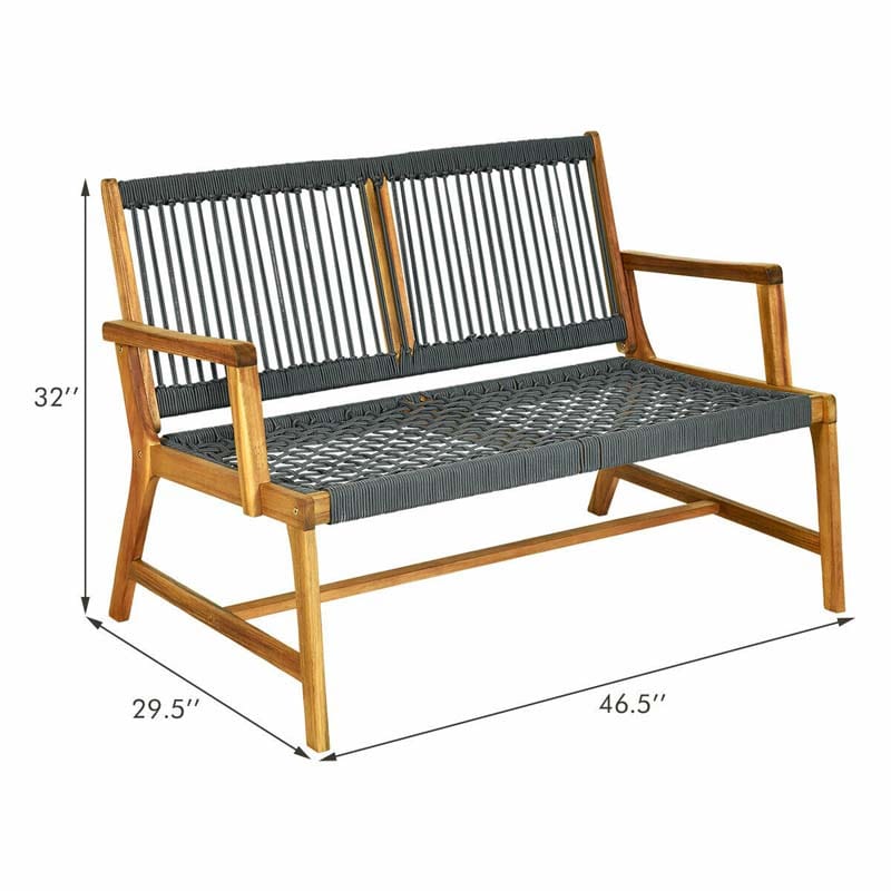 2-Person Acacia Wood Rope Bench Loveseat Chair, Outdoor Patio Garden Park Bench in Teak Oil Finish