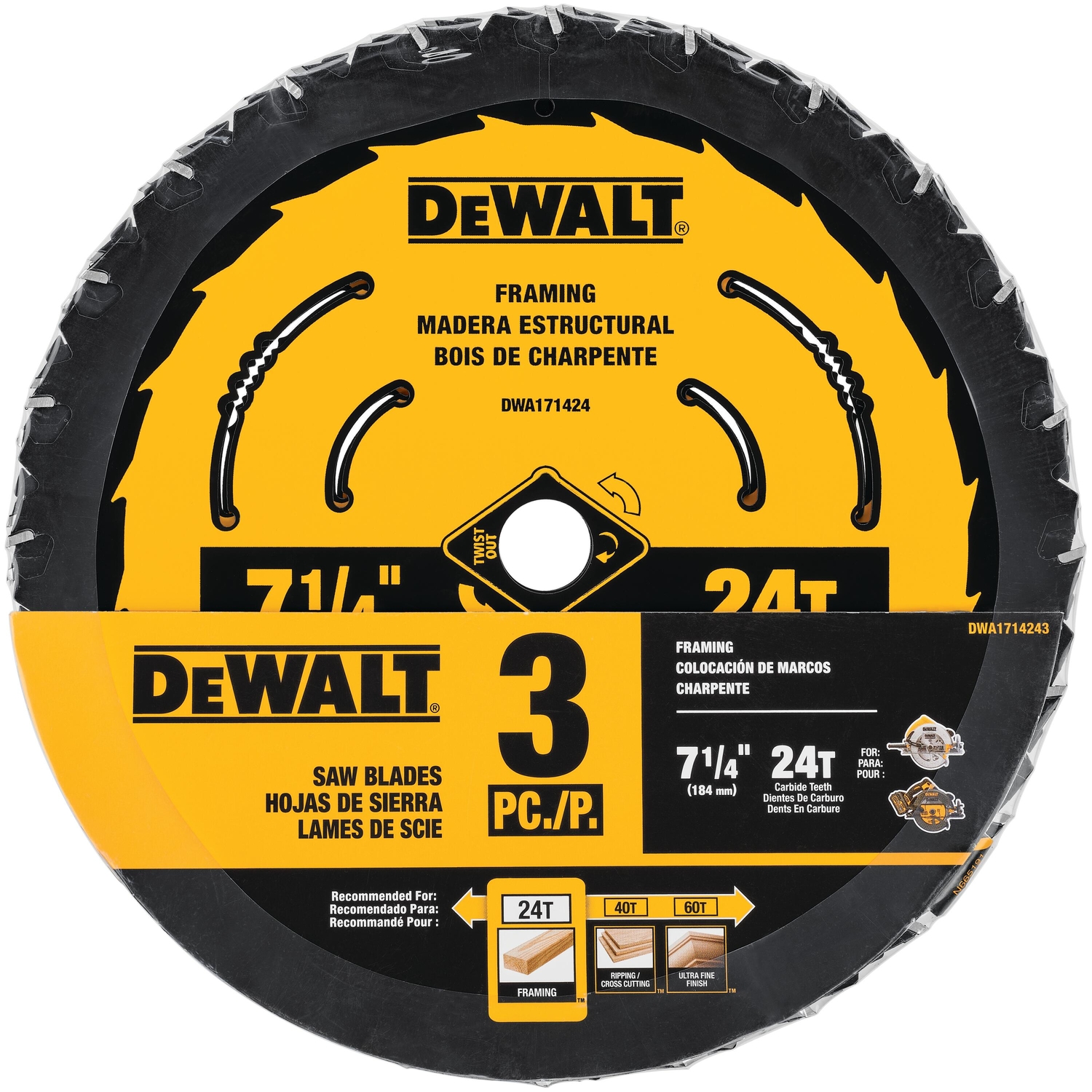 DW 7-1/4 in. D X 5/8 in. Tungsten Carbide Circular Saw Blade 24 teeth 3 pk