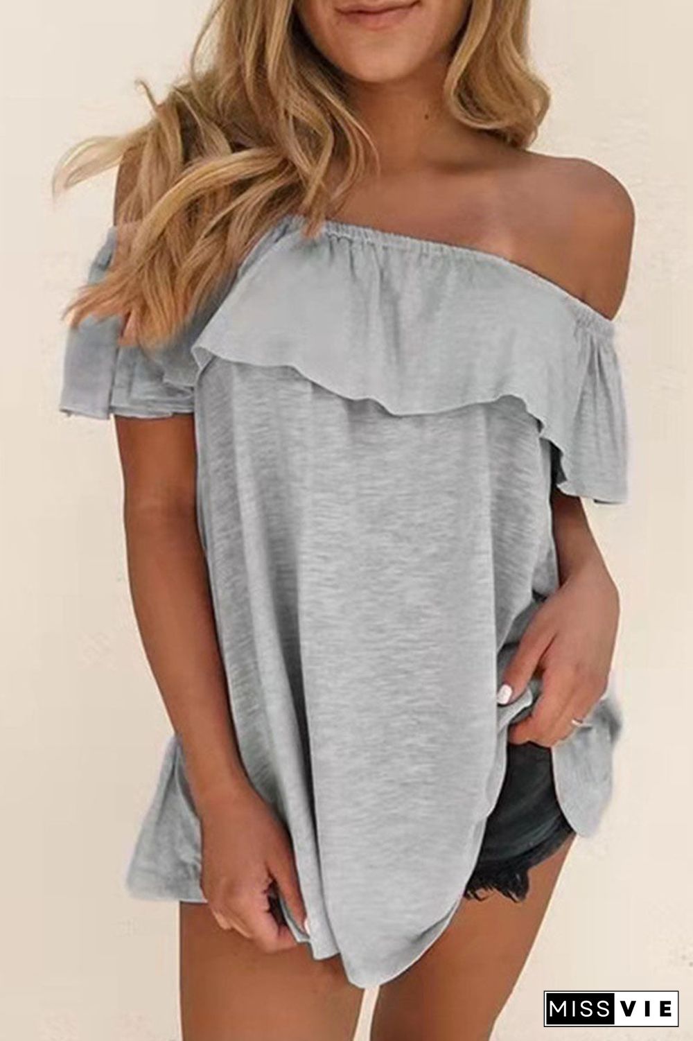 Fashion Casual Solid Split Joint Off the Shoulder T-Shirts(7 colors)