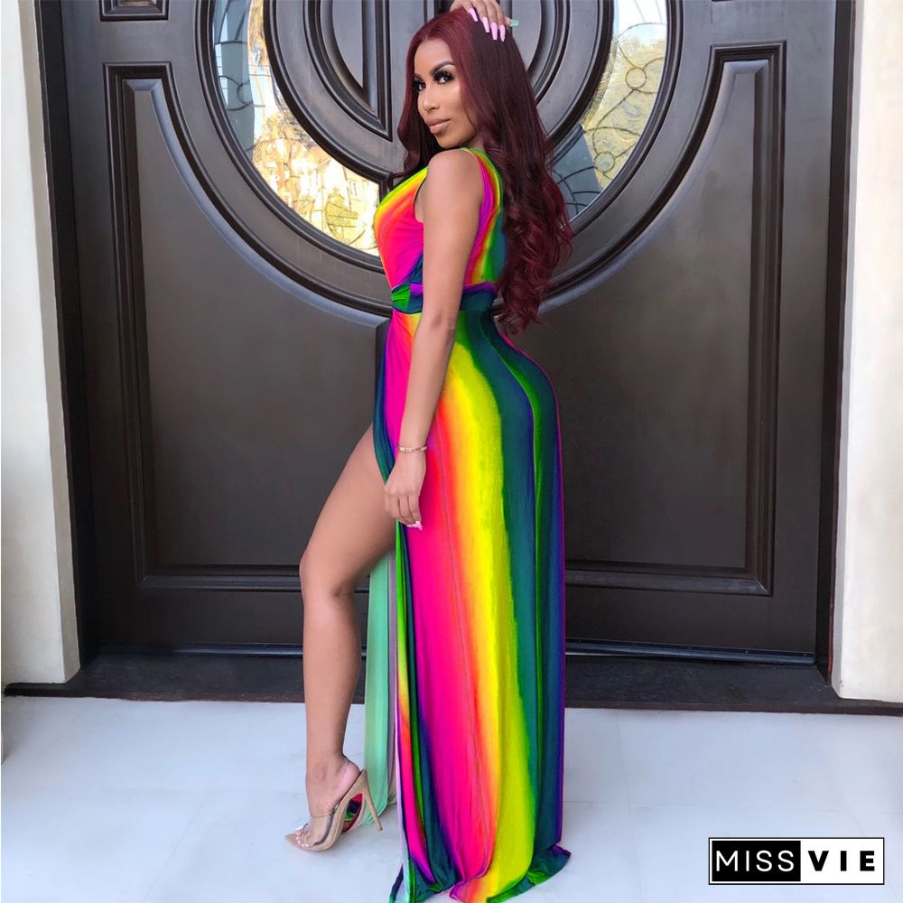 Sexy Rainbow Striped Print Deep V Neck High Slit Maxi Dress