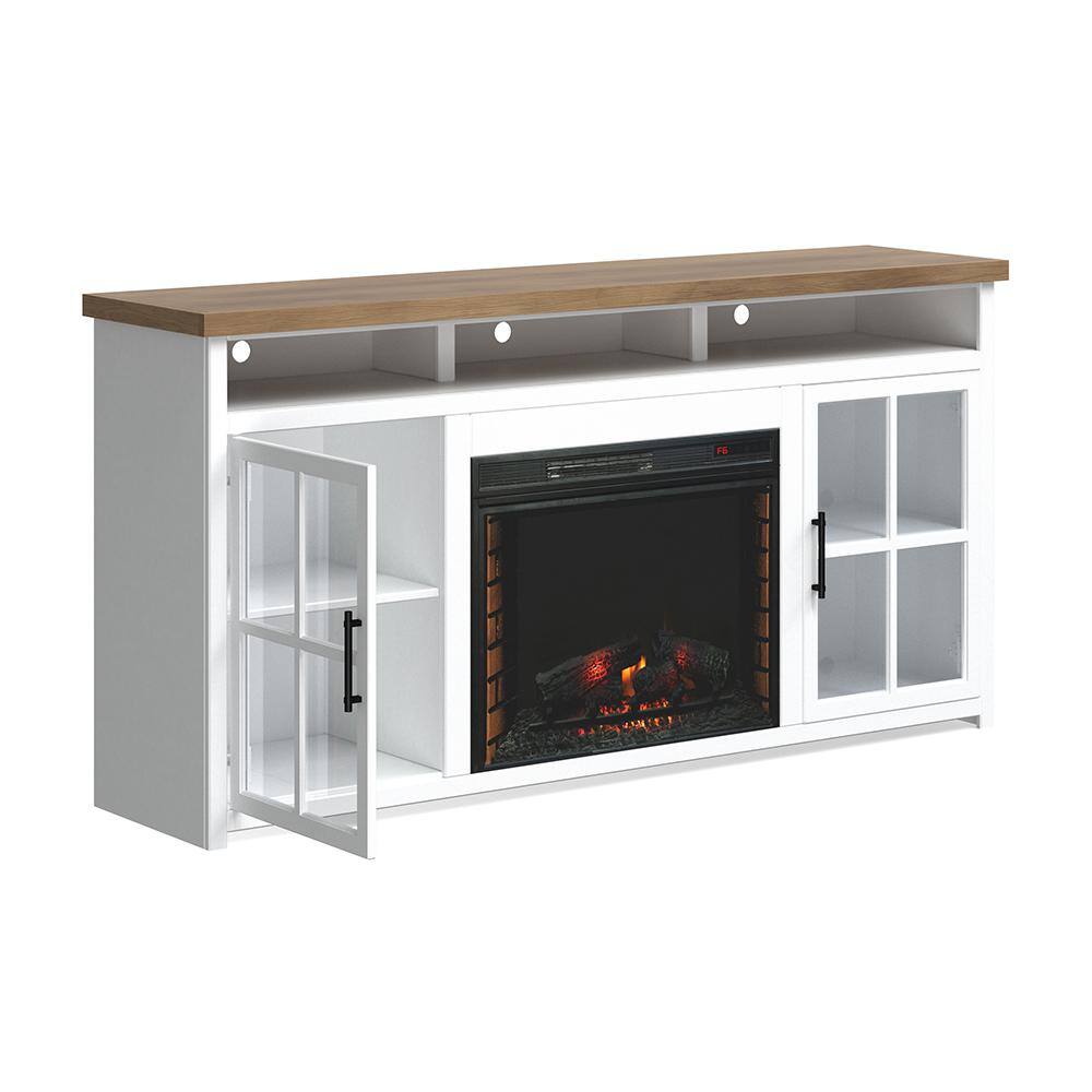 Bridgevine Home 74 in. Fully Assembled White and Brown TV Stand with Electric Fireplace Fits TV's up to 85 in. HT5110.BJW