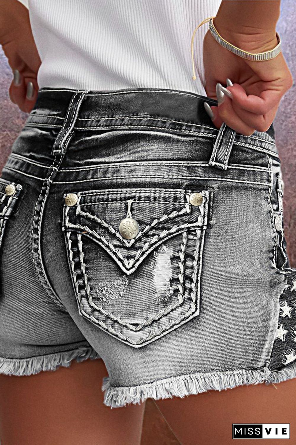 Star & Striped Embroidered Ripped Raw Hem Denim Shorts