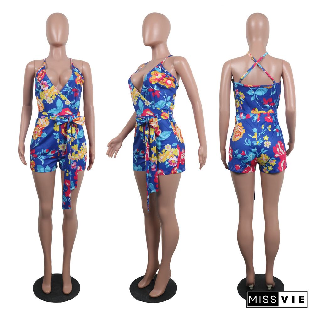 Women Holiday Floral Print V Neck Sleeveless Summer Bandage Beach Halter Neck Skinny Rompers