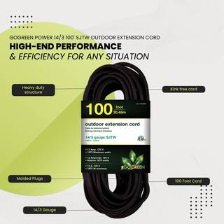 GoGreen Power 100 ft. 143 SJTW Outdoor Extension Cord - Black GG-13800BK