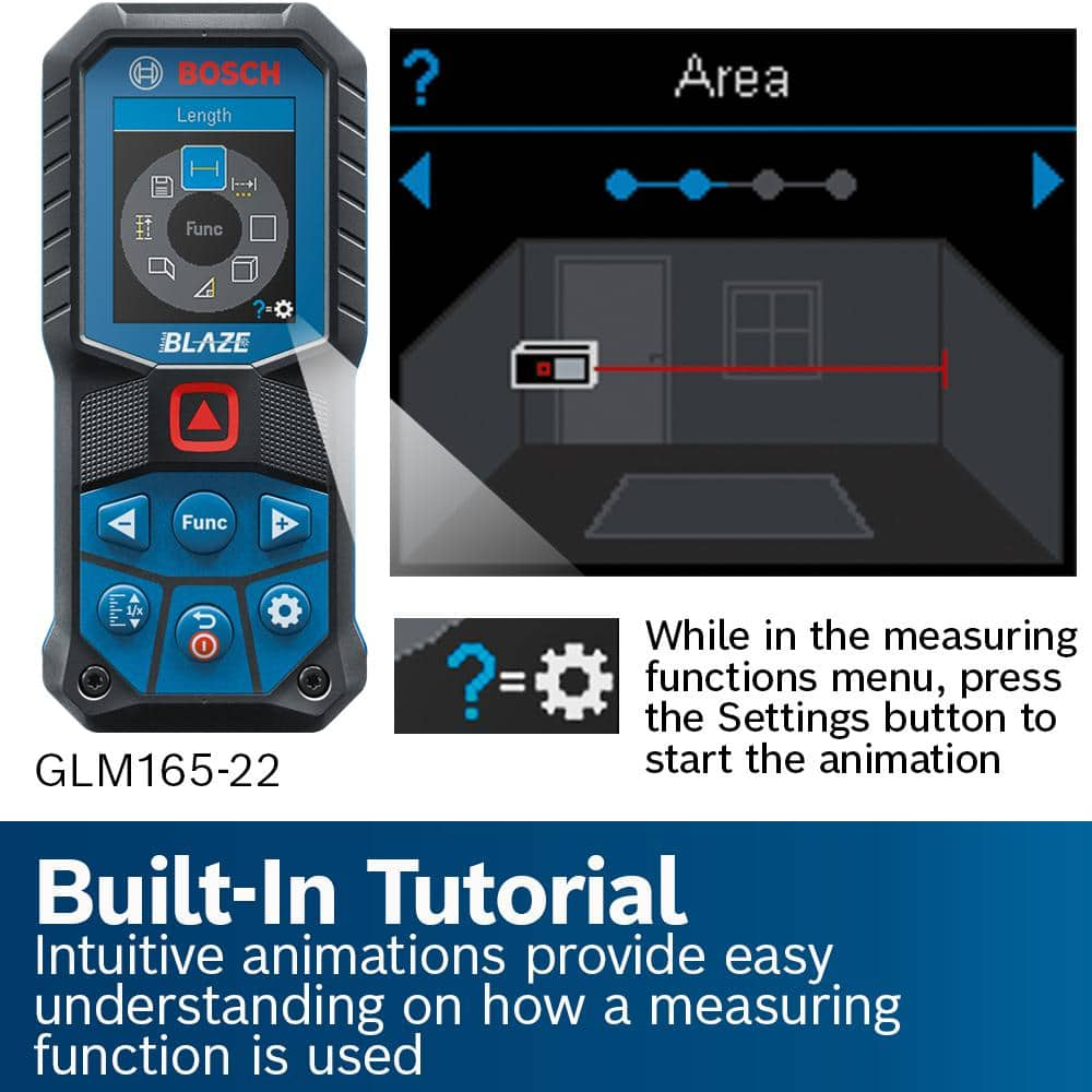 Bosch BLAZE 165 ft. Laser Distance Tape Measuring Tool with Color Screen and Measurement Rounding Functionality GLM165-22